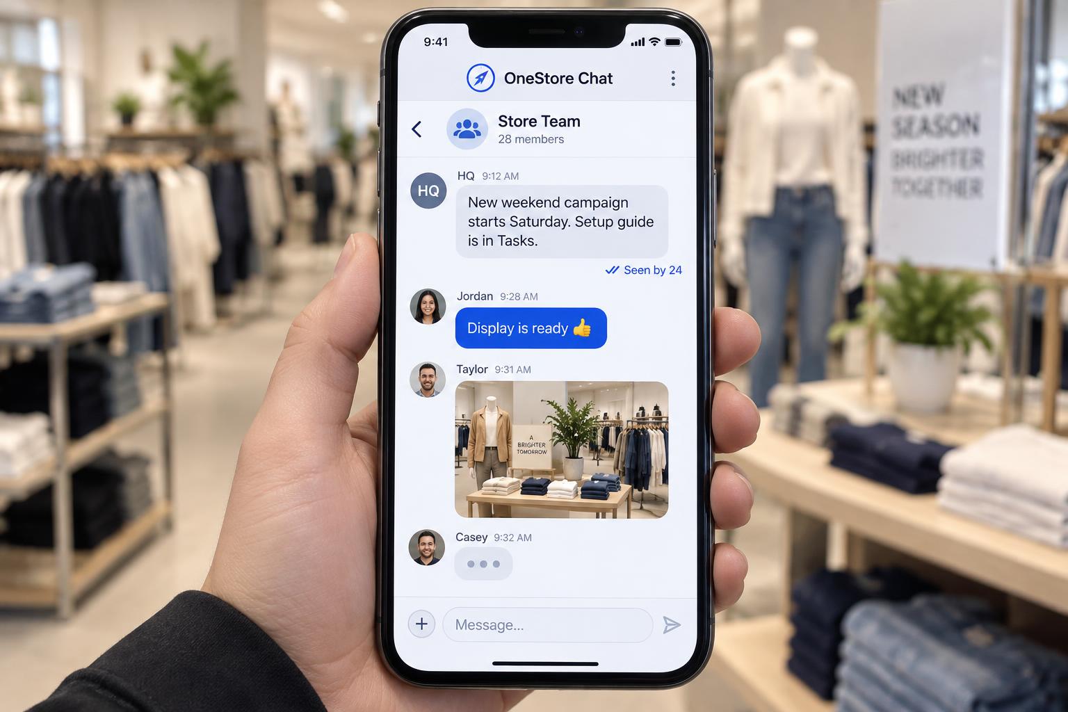 OneStore Chat on a phone: a store team group chat with a campaign update from HQ, a read receipt and a display photo reply