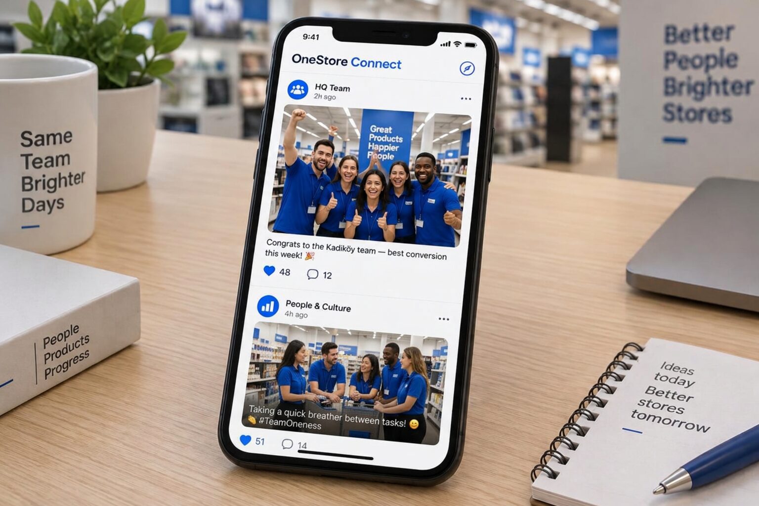 OneStore Connect on a phone: a company newsfeed with celebration posts, likes and comments